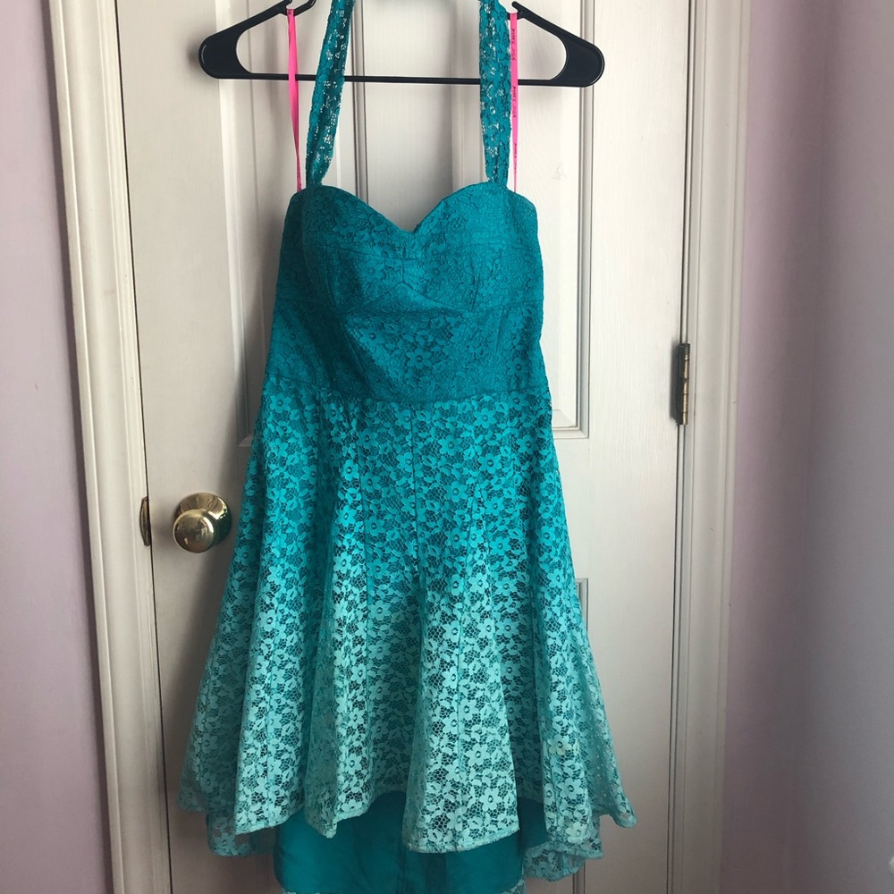 BJ Blue Ombré Lace High-Low Dress